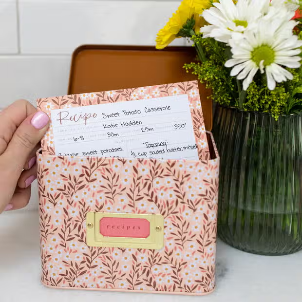 Floral tin recipe box
